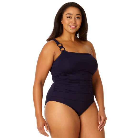 Anne Cole Plus Size Ring Strap Asymmetrical-Neck One-Piece Swimsuit - Picture 1 of 7